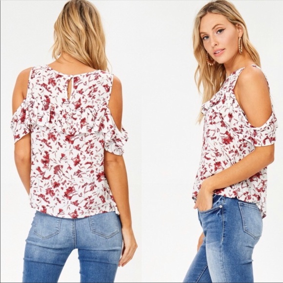 Floral Open Shoulder Ruffle Top - Picture 2 of 6
